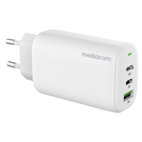 MEDIACOM ALIMENTATORE 65W FAST USB-C CHARGER 2XUSB-C E 1X UBA-A COLORE BIANCO