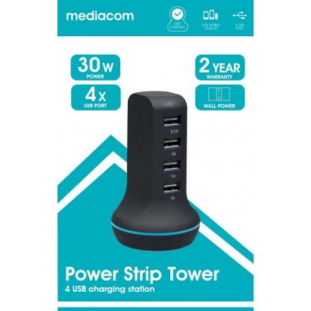CARICABATTERIE USB MEDIACOM POWER STRIP TOWER 4XUSB 6A 30W M-USBPS4T NERO