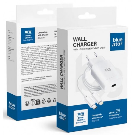 CARICABATTERIA BLUE STAR PER IPHONE X/11/12/13/14 18W + CAVO USB-C TO LIGHTNING BIANCO