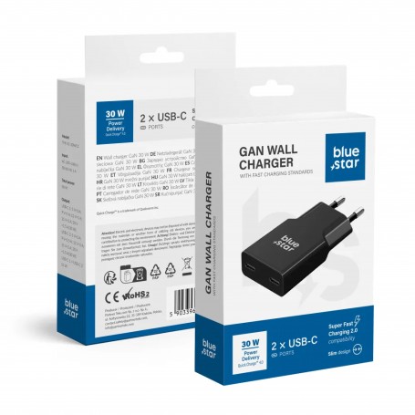 BLUE STAR CARICABATTERIE SLIM GAN 2 X USB-C QC4.0 PD 3A 30W NERO