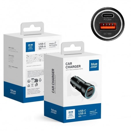 BLUE STAR CARICABATTERIE PER AUTO 3A 25W TIPO C + USB A PD QC3.0 AFC PPS NERO