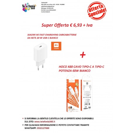 XIAOMI Mi FAST CHARGHING CARICABATTERIE 20 W USB-C BIANCO + HOCO X88 CAVO TIPO-C A TIPO-C 60W BIANCO